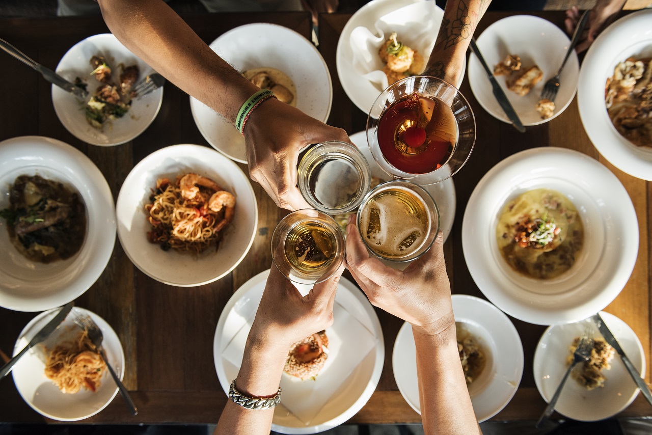 A table saying cheers during a brunch wedding reception