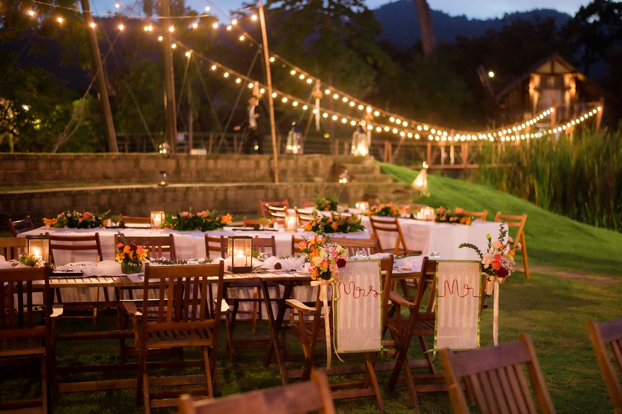 An outdoor wedding reception