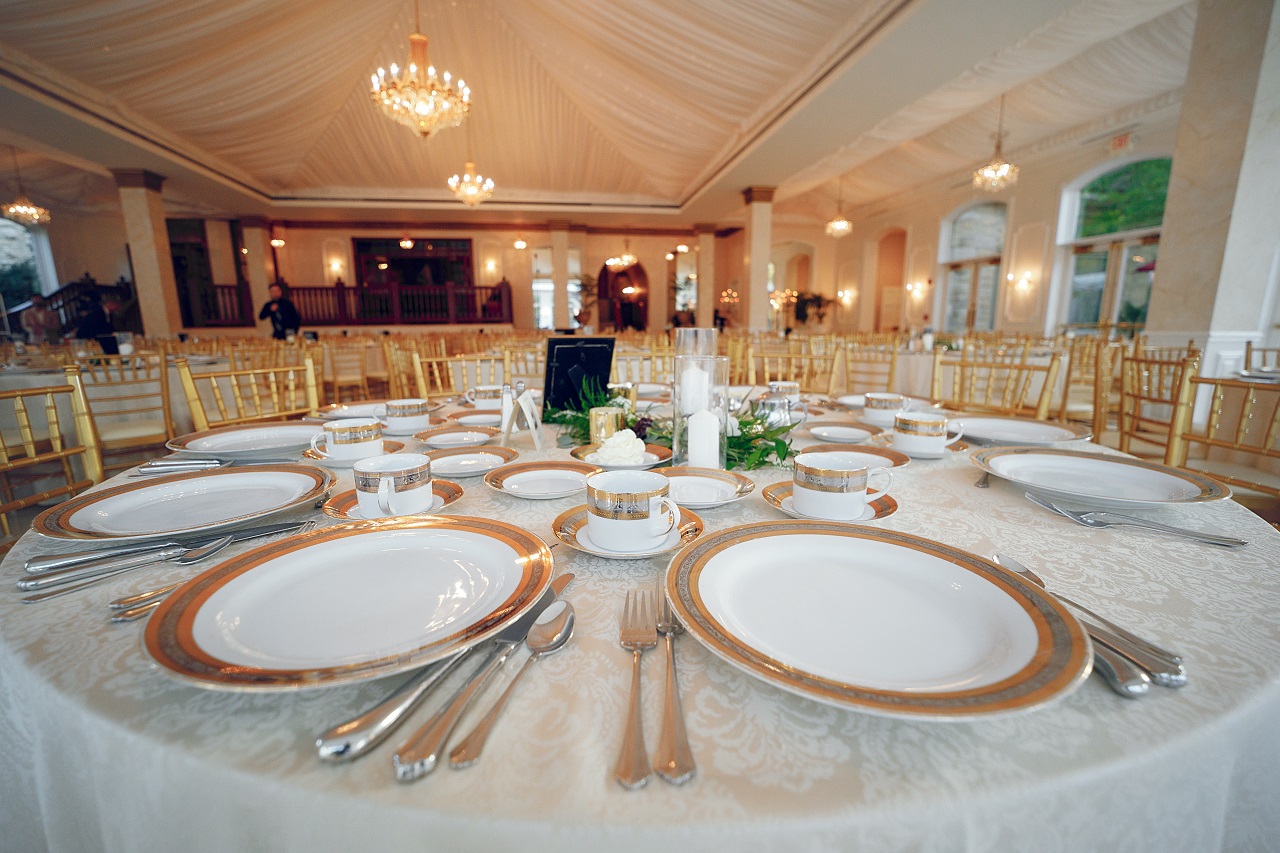 Close up of tables and chairs in a wedding reception